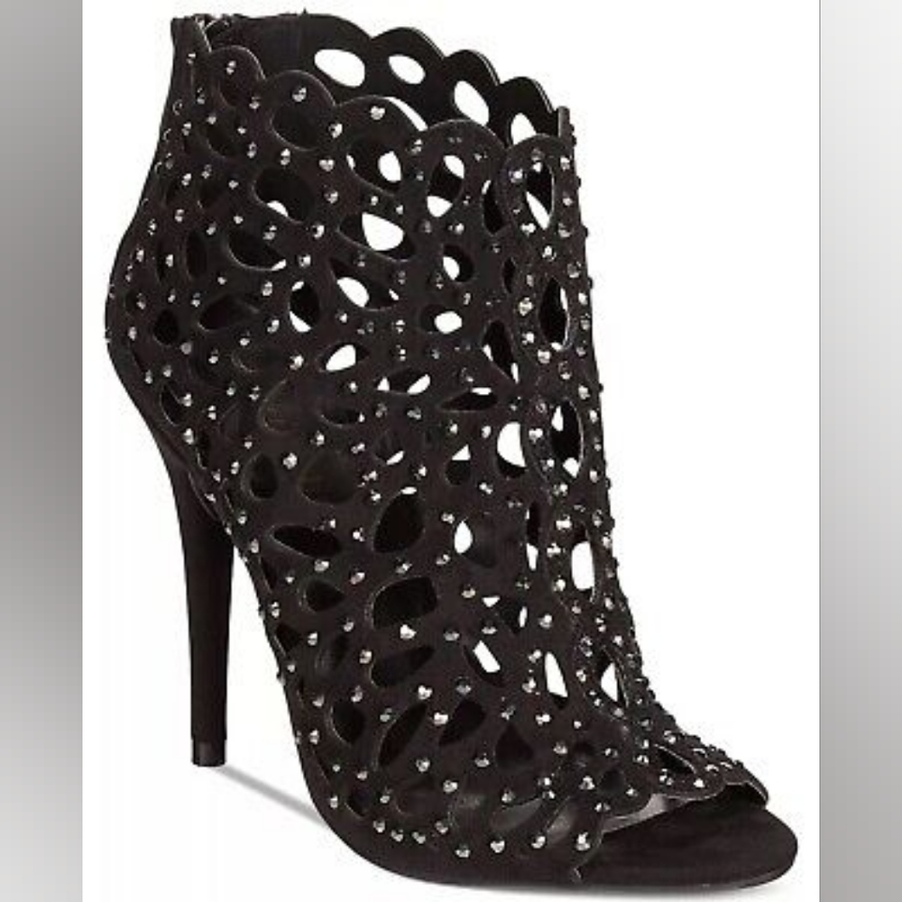 Zigi Soho Booties Black Caged Rhinestone Sparkle Zip Up Cut Out Size 9